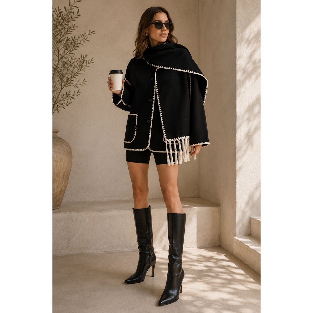 Commense Black Oversized Jacket White Trim Fringe Matching Scarf Size M